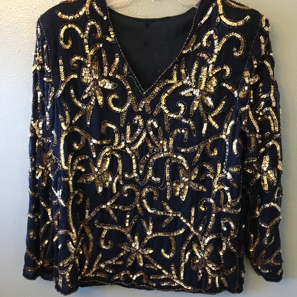 vintage sequin v-neck long sleeve top - Picture 1 of 3